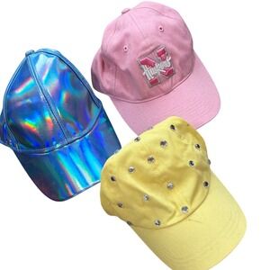 Y2K Lot of 3 Baseball Caps Holographic Blue Pink Huskers Yellow Rhinestone Hats